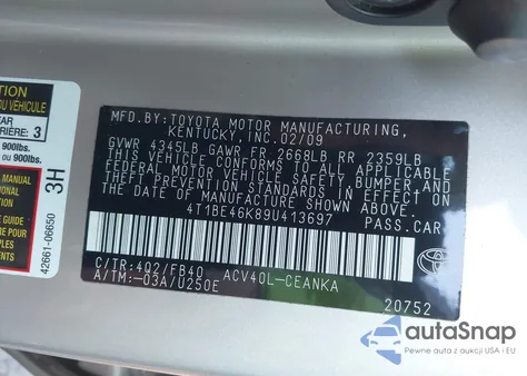 2009 Toyota Camry from USA, damaged, VIN 4T1BE46K89U413697